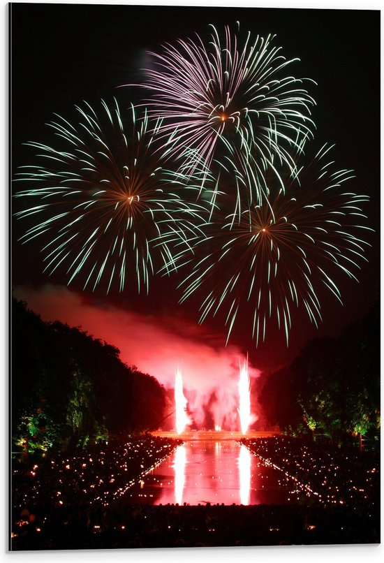 Dibond - Vuurwerkshow met Groene Pijlen boven Menigte - 40x60 cm Foto op Aluminium (Wanddecoratie van metaal)