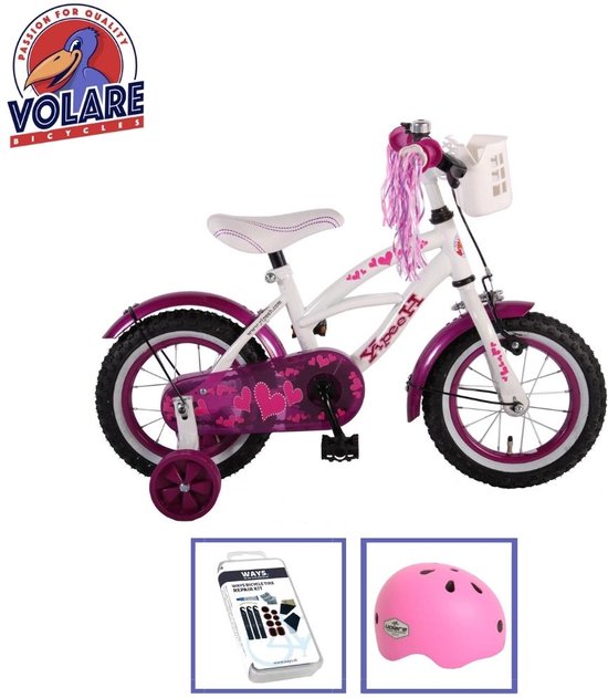 Vélo pour enfants Volare Heart Cruiser - 12 pouces - Wit/ Violet - Avec casque de vélo et accessoires