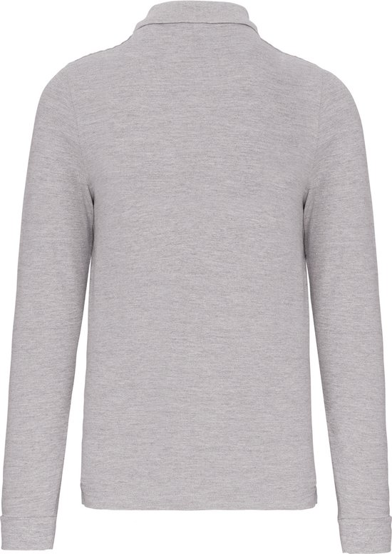Achterkant van een grijs poloshirt met lange mouwen.