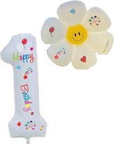 LoHa party®Daisy Folie ballonnen Set-XXL Cijfer Folie Ballon 1-Instagram-Tik Tok-Happy Birthday Sticker -Bloem ballon-Wit-Helium Ballonnen-Bruiloft-Verjardaag-Baby shower-Feestpakket-Viesering-Decoratie-4Stuks