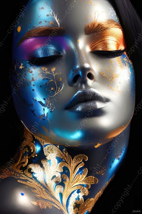 JJ-Art (Aluminium) 60x40 | Afrikaanse vrouw – gezicht in zwart, goud, zilver, blauw - kunst - woonkamer - slaapkamer | modern | Foto-Schilderij print op Dibond (metaal wanddecoratie)