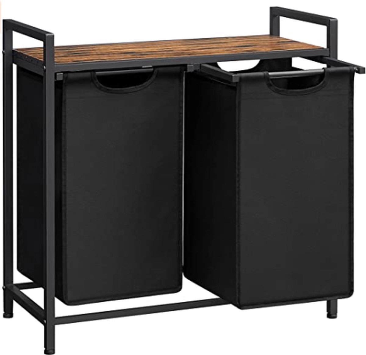 Goedkoopste wasmand, wassorteerder met plank en uittrekbare zakken, wasorganizer, metalen frame, 2 Oxford-stoffen afneembare zakken, rustieke bruin en zwart BLH201B01V1