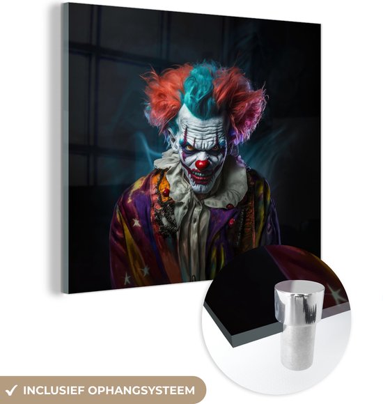 MuchoWow® Glasschilderij 90x90 cm - Schilderij acrylglas - Clown - Make up - Kostuum - Portret - Horror - Foto op glas - Schilderijen