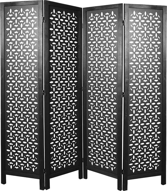 LW Collection Kamerscherm zwart hout - kamerschermen 4 panelen - scheidingswand 170x160cm - paravent kant en klaar