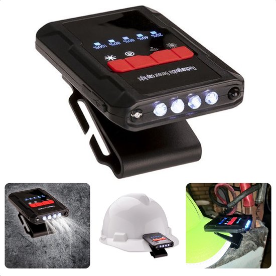 Cheqo® Hoofdlamp voor Bouwhelm - USB Oplaadbare Cliplamp - Helmlamp - Zwarte Behuizing - Met Bewegingssensor - Micro USB-kabel - 2014/30/EU Normering