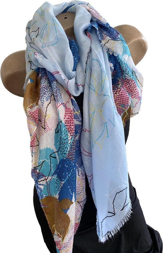 Dames sjaal lang met bladeren 180/90cm 9127 Blue