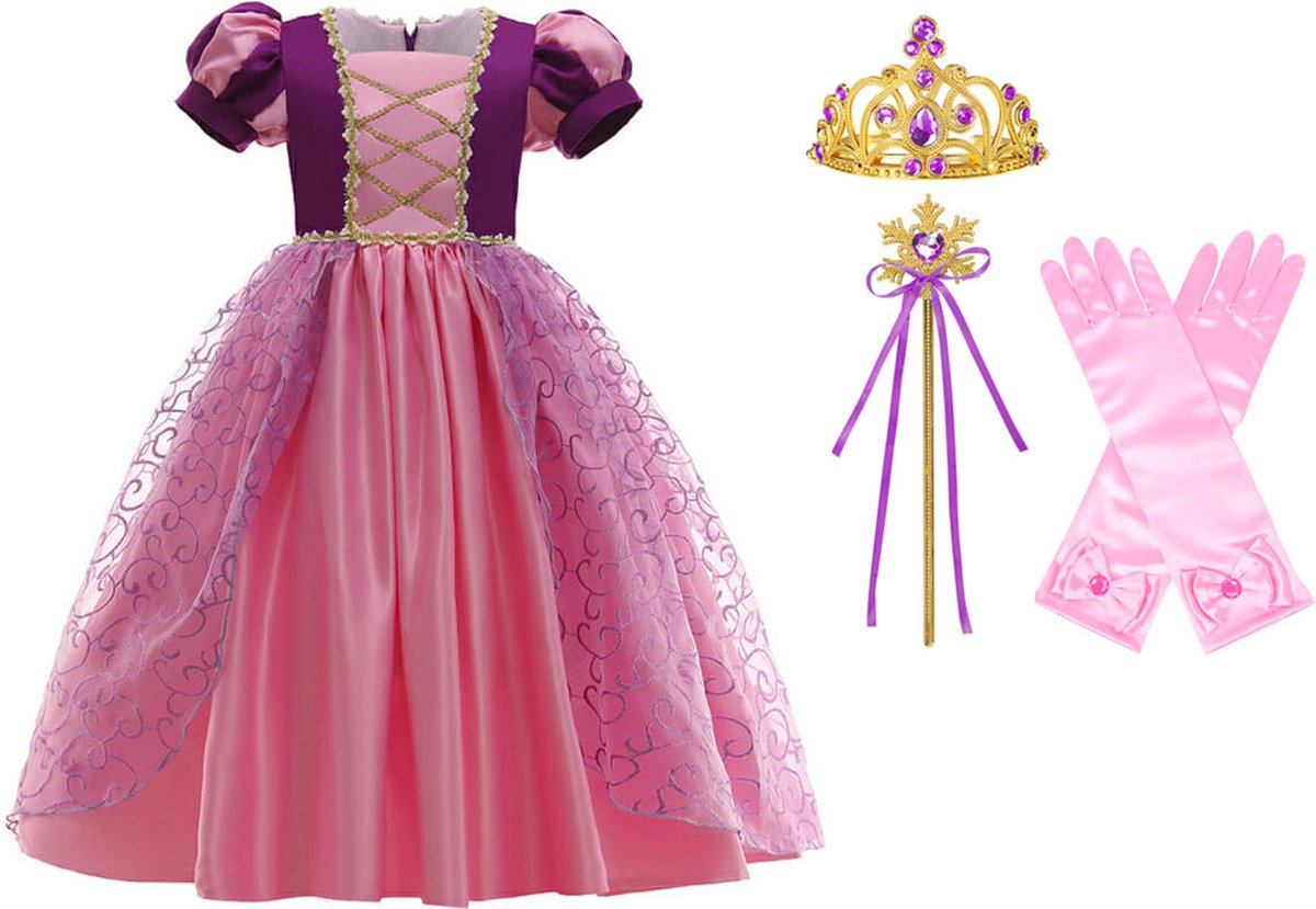 Het Betere Merk - Prinsessenjurk meisje - Roze / Paarse jurk - maat 98/104 - Verkleedkleding meisje - Kroon - Tiara - Carnavalskleding Kind - Kleed - Lange handschoenen
