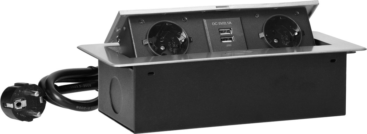 Design Light Kombibox - Stekkerdoos - 2 stopcontacten - USB-A en USB-C - Inbouw Stekkerblok met 3 meter kabel - Aluminium