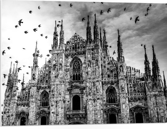 PVC Schuimplaat - Kathedraal in Milaan in het Zwart- wit - 80x60 cm Foto op PVC Schuimplaat (Met Ophangsysteem)