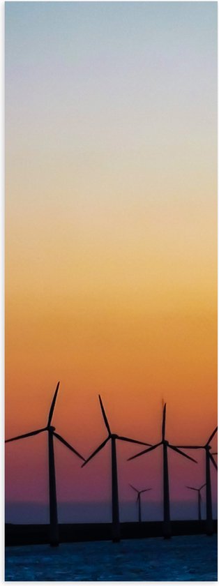 WallClassics - Poster Glanzend – Rij Windmolers tijdens de Zonsondergang - 20x60 cm Foto op Posterpapier met Glanzende Afwerking