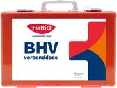 Oranje HeltiQ BHV verbanddoos met 'jouw eerste hulp' tekst en logo.