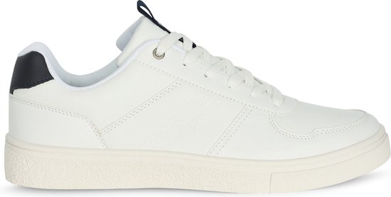 Witte leren sneaker met navy hielstuk en witte zool.