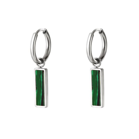 Oorring hanger met groene marmer - zilver