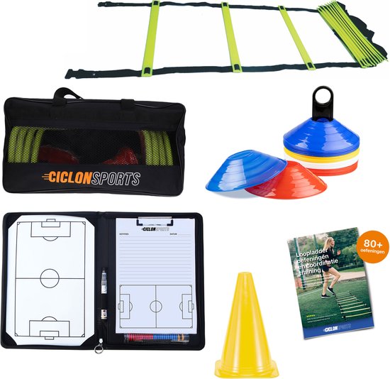 Voetbal trainingsmateriaal - Sporttas met voetbal coachmap - loopladder - Pionnen - Trainingshoedjes - Boek voor voetbaltrainer