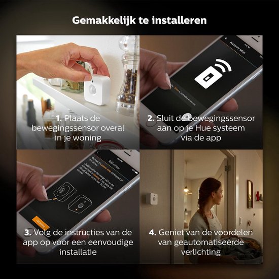 Installatie stappen voor de Philips Hue sensor en app: 1. Plaats de sensor. 2. Koppel via de app. 3. Volg instructies in app. 4. Geniet van automatische verlichting. Sensor is klein en wit.