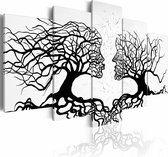 Schilderij - Kus van de wind , zwart wit , boom , hoofd , 5 luik