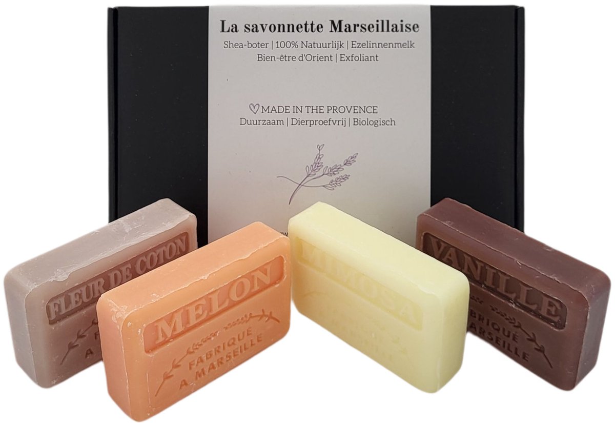 Goedkoopste Soap bar set - zeep savon de marseille Meloen, Fleur de coton, Vanille, Mimosa 4x125 gr.