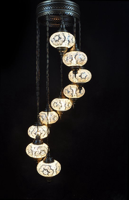 Lampe Turque Suspension Mosaique Marocain Oriental Handgemaakt Lustre Wit 9 ampoules