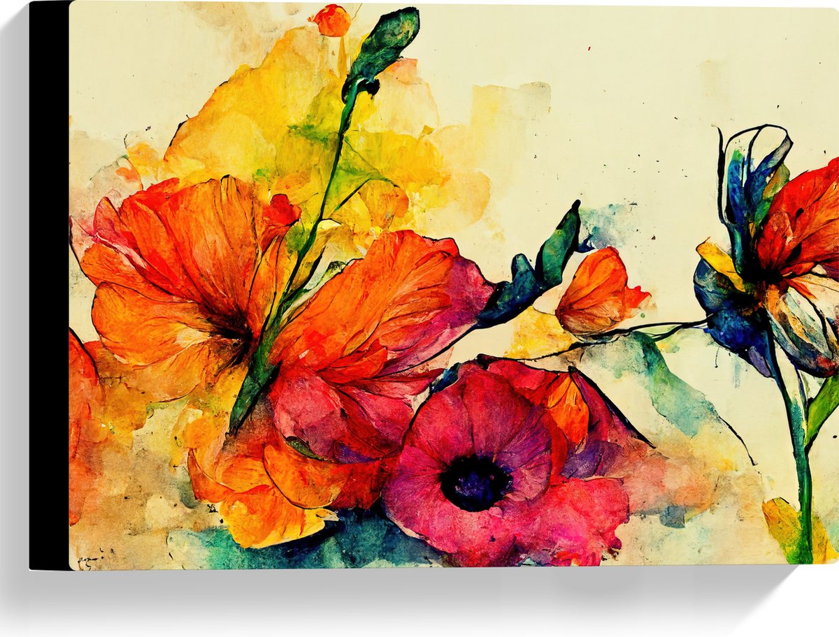 Canvas - Abstracte Bloemen in Verschillende Kleuren van Waterverf - 40x30 cm Foto op Canvas Schilderij (Wanddecoratie op Canvas)
