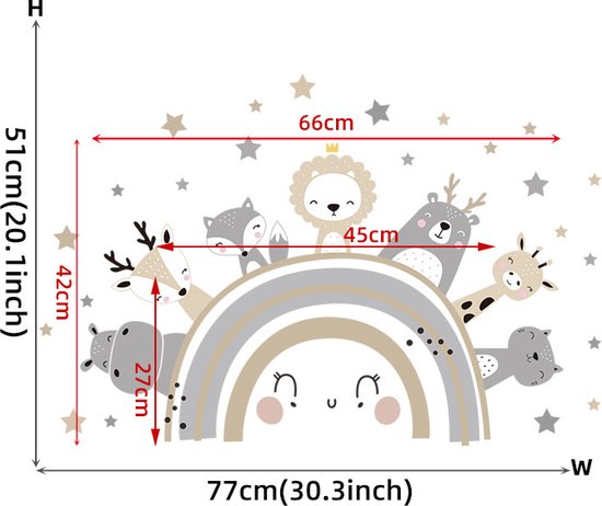 Stickerkamer® - Muursticker chambre enfant - Muursticker Animaux bébé - Arc-en-ciel - Animaux - Bêtes - Garçon - Fille - Décoration murale - Animaux de la forêt - Jungle