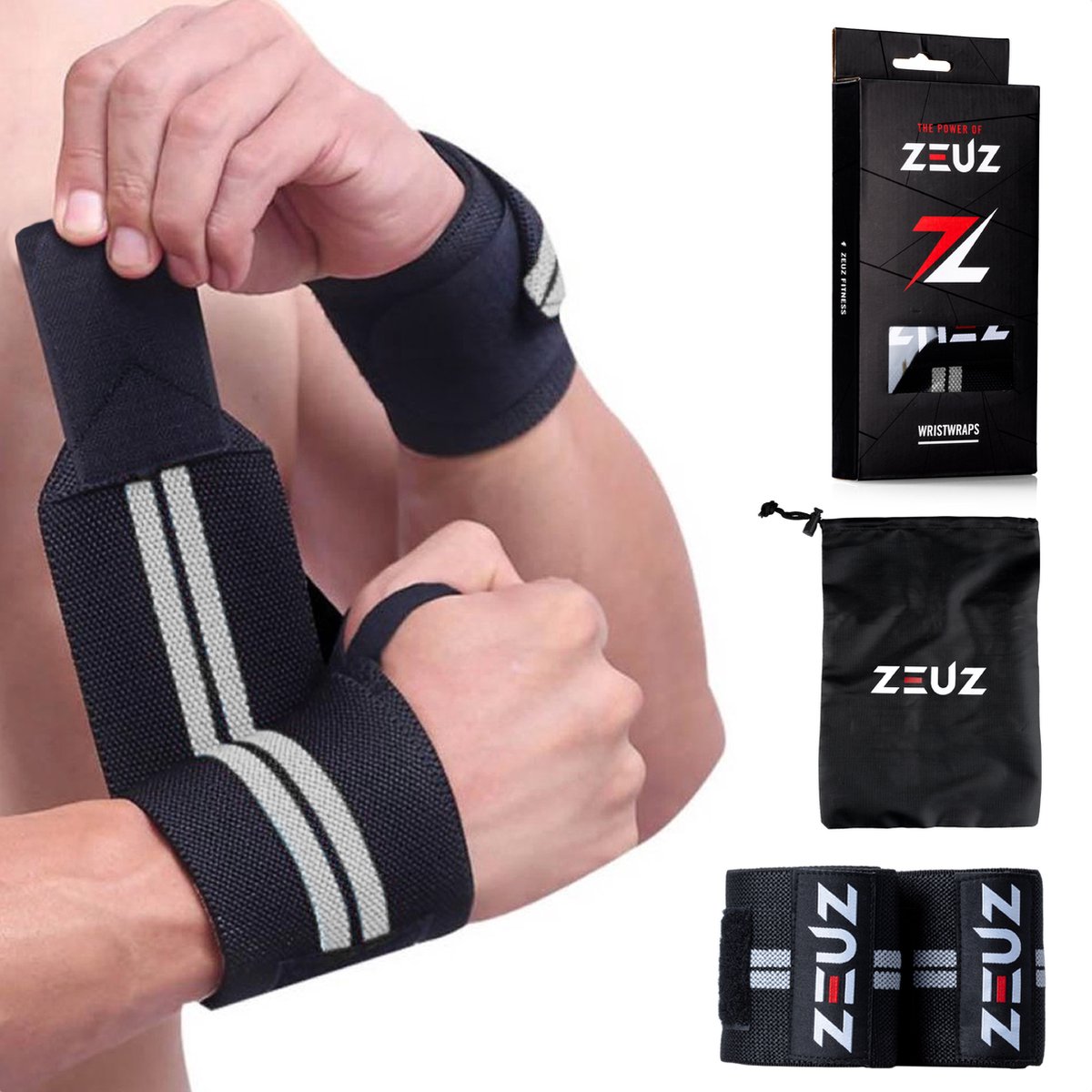 ZEUZ 2 Stuks Polsband voor Fitness & CrossFit - Wrist wraps – Krachttraining – Polsbrace – Grijs & Zwart - ZEUZ