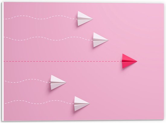 PVC Schuimplaat - Competitieve Origami Vliegtuigjes tegen Roze Achtergrond - 40x30 cm Foto op PVC Schuimplaat (Met Ophangsysteem)