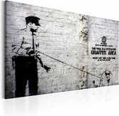 Schilderij - Banksy - Politie agent met hond , zwart wit , wanddecoratie , premium print op canvas