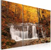 Schilderij - Waterval  in de Herfst, 3luik , oranje wit , premium print op canvas