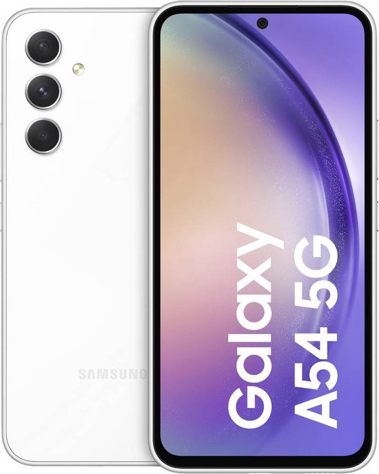 Witte Samsung Galaxy A54 5G smartphone, voorkant met paarse en gele overlay.