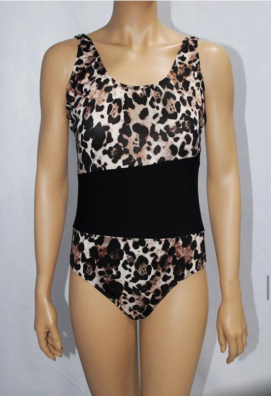 Leopard print badpak met zwarte blok- Vrouwen zwempak swimsuit zwemkleding413- Leopard print- Maat 36