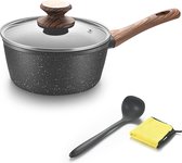HanverKook braadpan 18cm - steelpan met deksel - steelpan klein - melkpot gecoat, inductie (handvat: bruin houtlook)