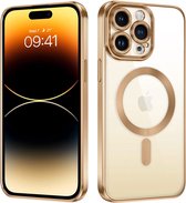 Hoesje Geschikt voor iPhone 14 Pro Magnetisch Hoesje Met Lensbeschermer - Geschikt voor magsafe - siliconen - Transparant gekleurde rand - goud