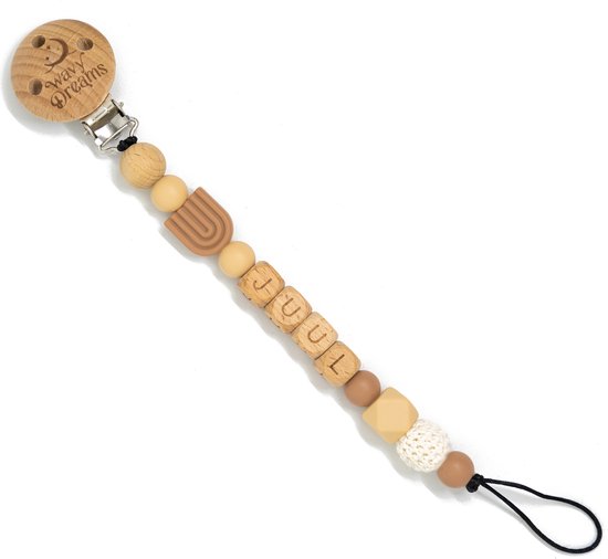 Wavy Dreams - Combiset Speenkoord & Sleutelhanger / Luiertashanger - Speenkoord met naam - Jongen Meisje Unisex - Kraamcadeau - Zand Pastel - Speenketting met naam - Sleutelhanger met naam - Model Juul van Wavy Dreams — afbeelding 4