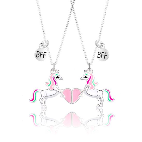 Bixorp Friends BFF Ketting voor 2 met Eenhoorns & Hartje - Magnetisch - Zilverkleurig - Vriendschapsketting