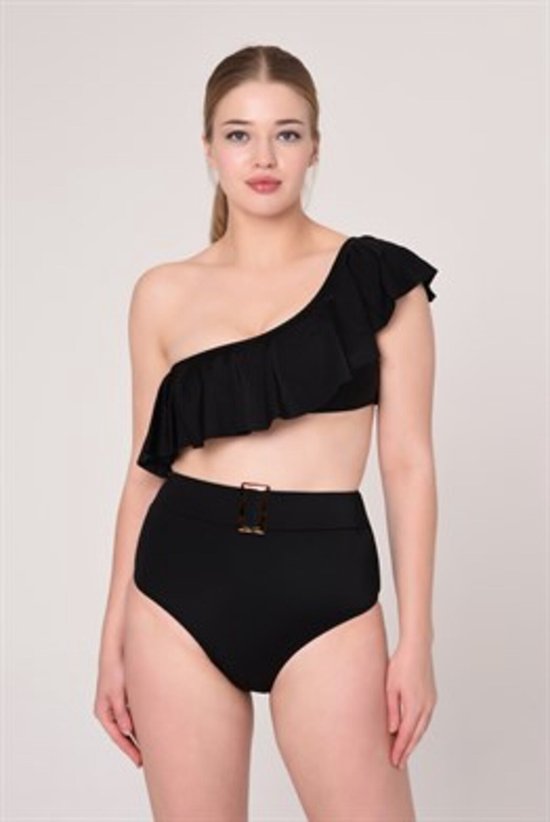 Bikini set- 2-delig Bikini set met een schouder- Hoge taille trendy bikini met riem 194- Zwart- Maat 34