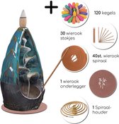 LotaHome - Cascade d' Encens - Brûleur d'encens - Ensemble complet - Comprend 120 cônes de parfum, 30 bâtons d'encens, 40 spirales d'encens, 1 tampon, 1 support en spirale - Porte-brûleur à cône - Brûleur de Geur - Turquoise -