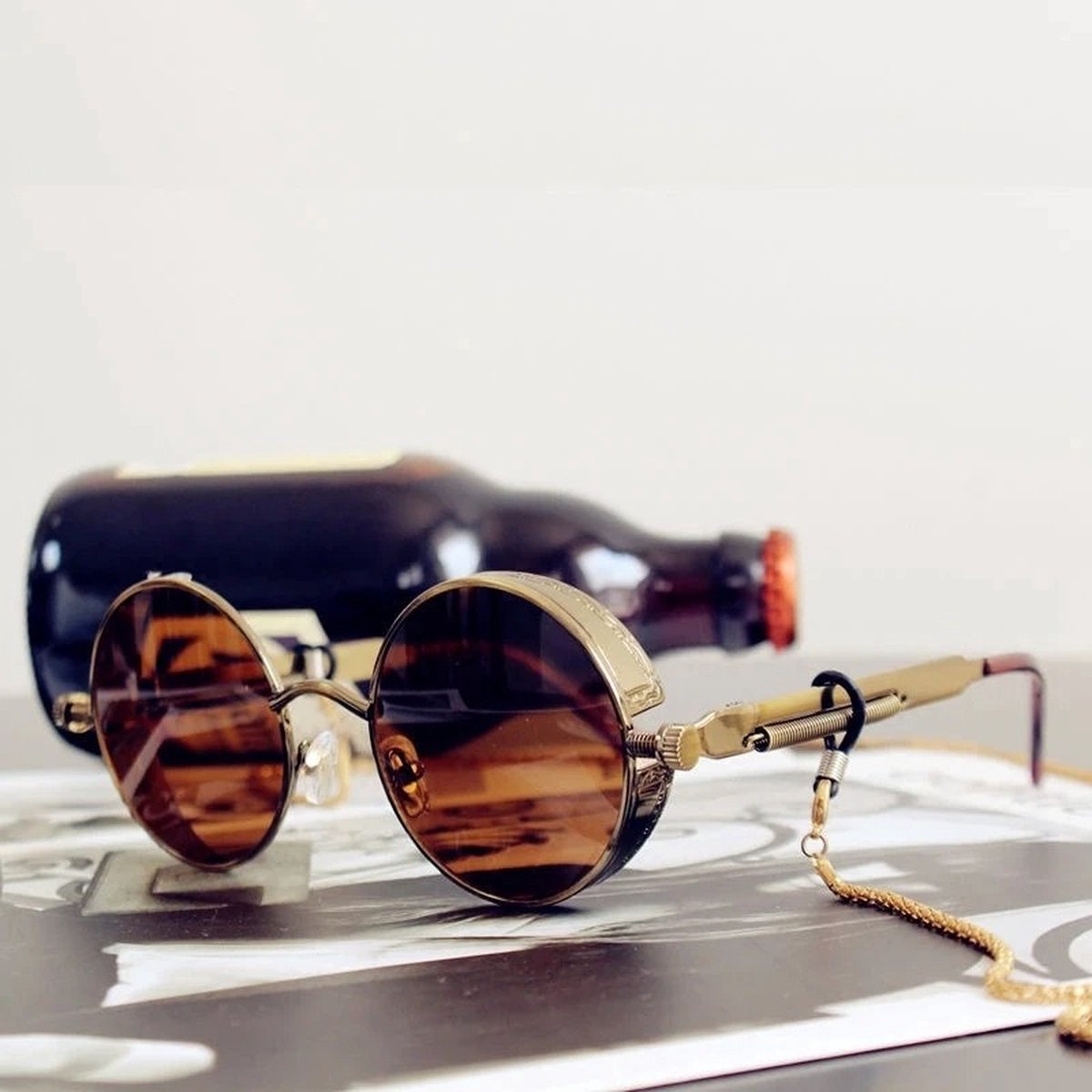 Fler® | Retro Steampunk Zonnebril - Sunglasses - Zonnebril met UV400 en polarisatie filter - Goudkleurige montuur, Zilverkleurige glazen