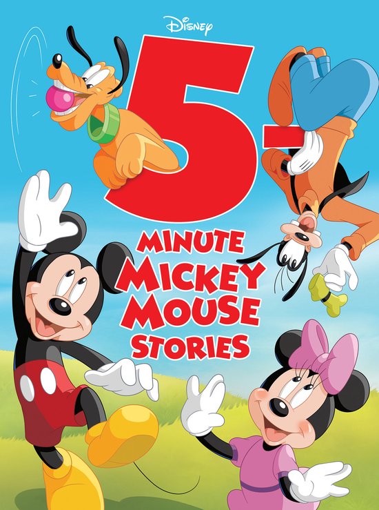 De cover van het boek '5 Minute Mickey Mouse Stories' met Mickey, Minnie, Goofy en Pluto die vrolijk rondrennen met een grote rode '5' op de achtergrond.