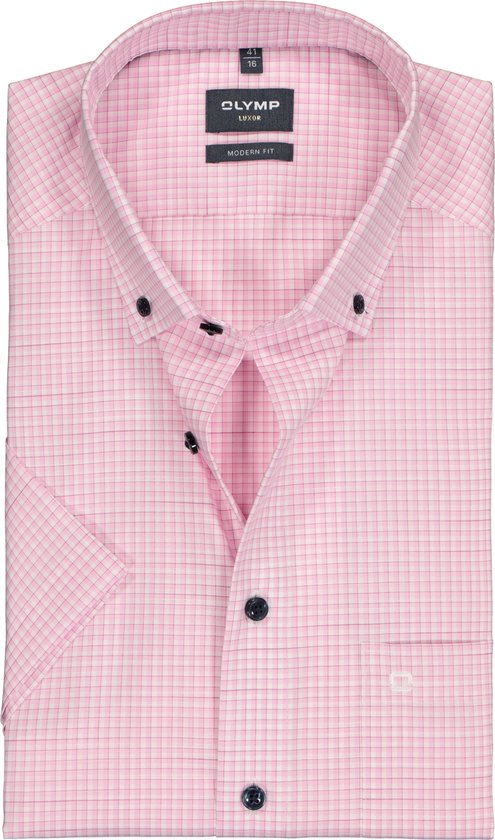 OLYMP modern fit overhemd - korte mouw - popeline - roze met wit geruit - Strijkvrij - Boordmaat: 42