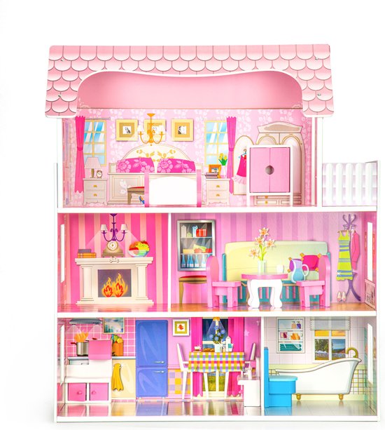 Maison de poupée - bois - 60x24x70 cm - 3 étages - rose | bol