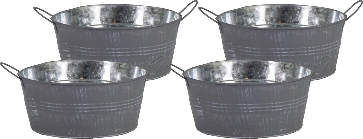 Goedkoopste Mega Collections Teil/emmer/plantenpot - 4x - zink - grijs - rond - D19 x H9 cm