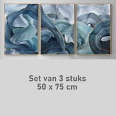 Allernieuwste.nl® SET 3 Luik Canvas Schilderij Goud Blauw Lint - Kunst - Modern Abstract - Reproductie - Poster - 3x 50 x 75cm - Kleur