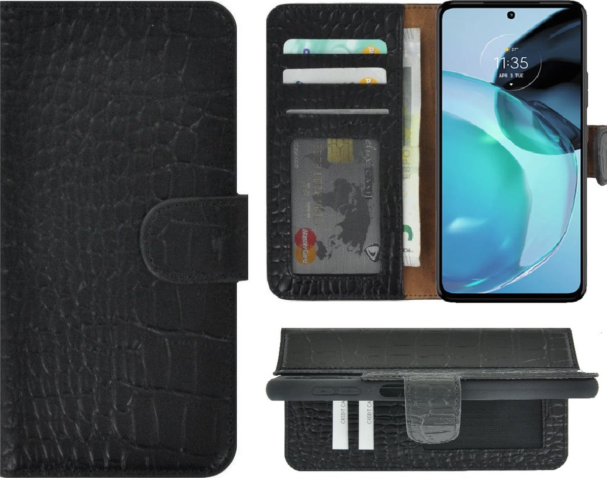 MoDo hoesje Geschikt voor Motorola Moto G73 - Echt Leer Book Case - Croco Zwart