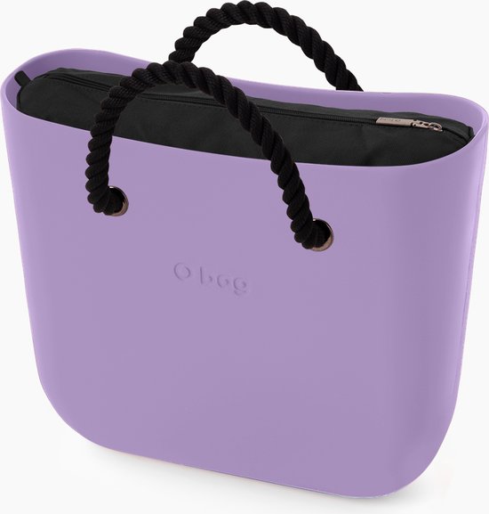 O bag mini handtas in lila, compleet met korte zwarte touw handvatten en canvas binnentas in zwart