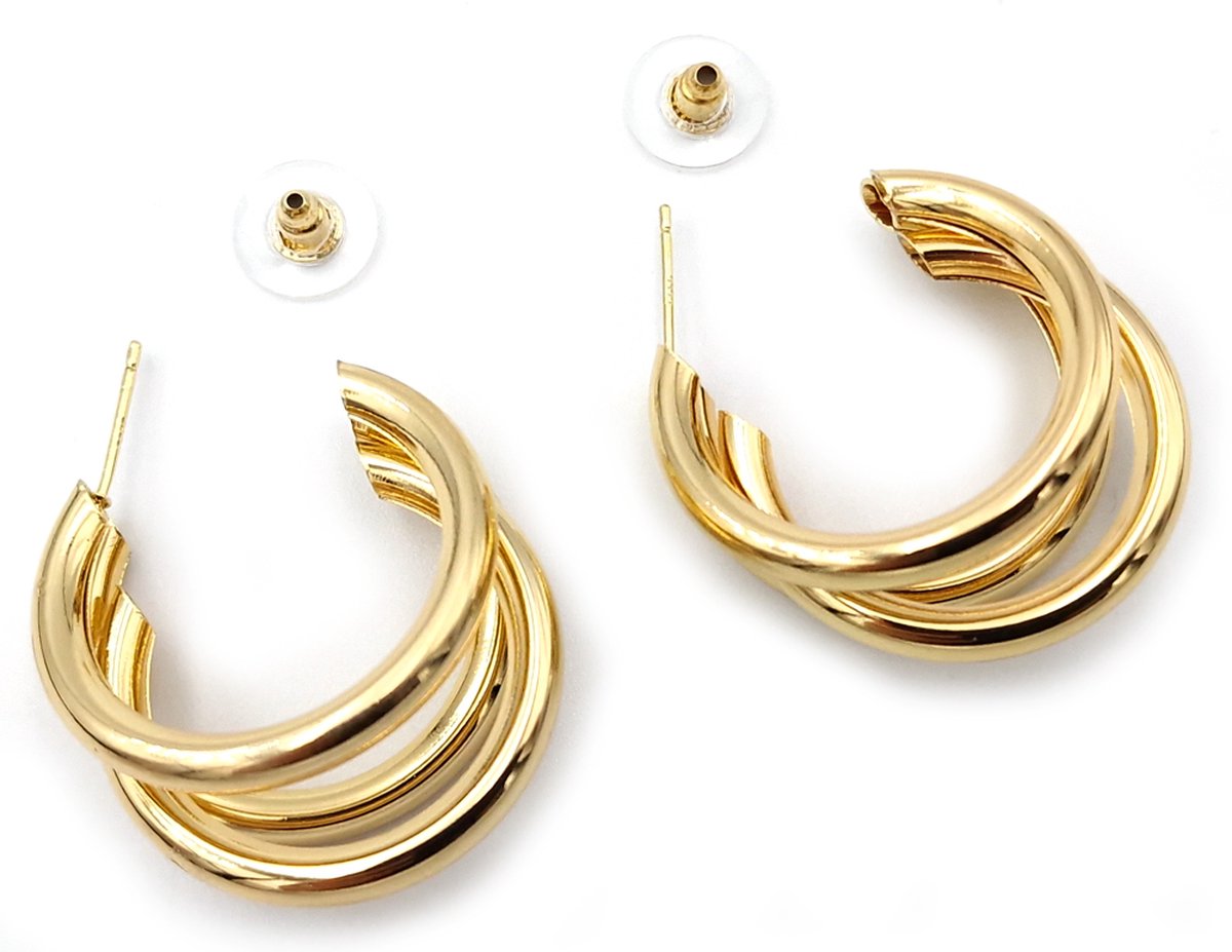 Goudkleurige metalen oorbellen met steker en 3 holle buis ringen diameter 32 mm