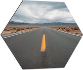 WallClassics - Dibond Hexagon - Rechte Autoweg met Landschap - 60x52.2 cm Foto op Hexagon (Met Ophangsysteem)
