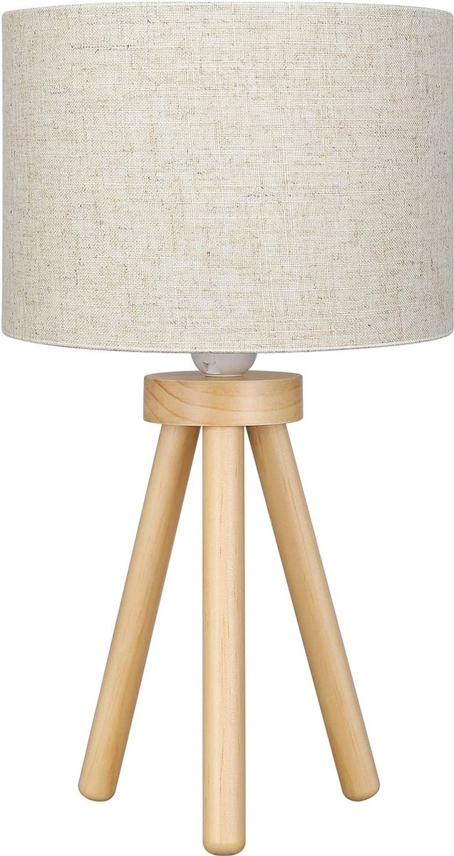 Houten 3-poot tafellamp - Beige linnen kap - nachtkast lamp - bijzettafellamp - schemerlamp - Decor lamp - Design lamp - E27