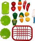 Set van 17 speelgoedgroenten en -fruit, borden, snijplank, mandje en mes.