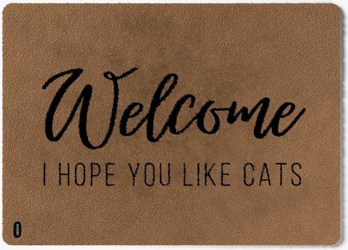 Mótif I hope you like cats - Lichtbruine wasbare deurmat met leuke tekst 85 cm x 115 cm - Deurmat binnen met print