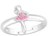 Joy|S - Zilveren ballerina ring - verstelbaar - roze met roze kristal - danseres - voor kinderen